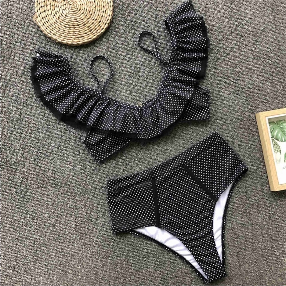 NEW HIGH WAISTED BLACK 2 PIECE RUFFLE BIKINI - Picture 6 of 8